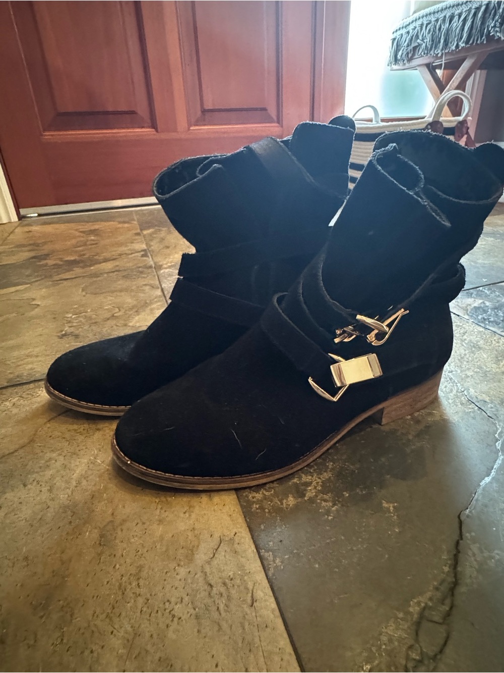 Steve Madden Black Suede Ankle Boots with Decorative Buckle